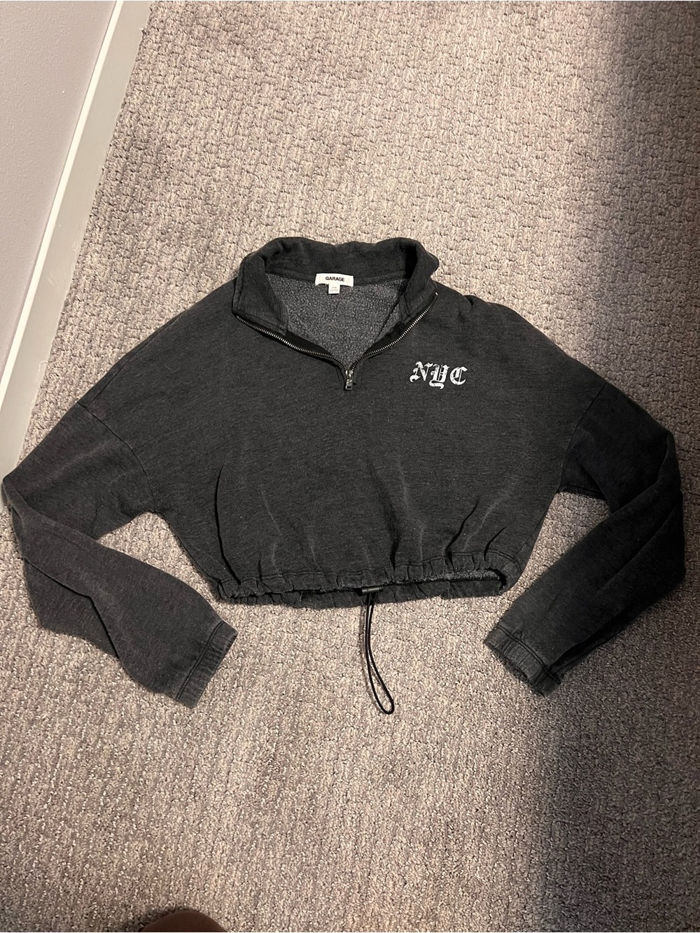 Garage Black Cropped Quarter-Zip Sweatshirt with NYC Script